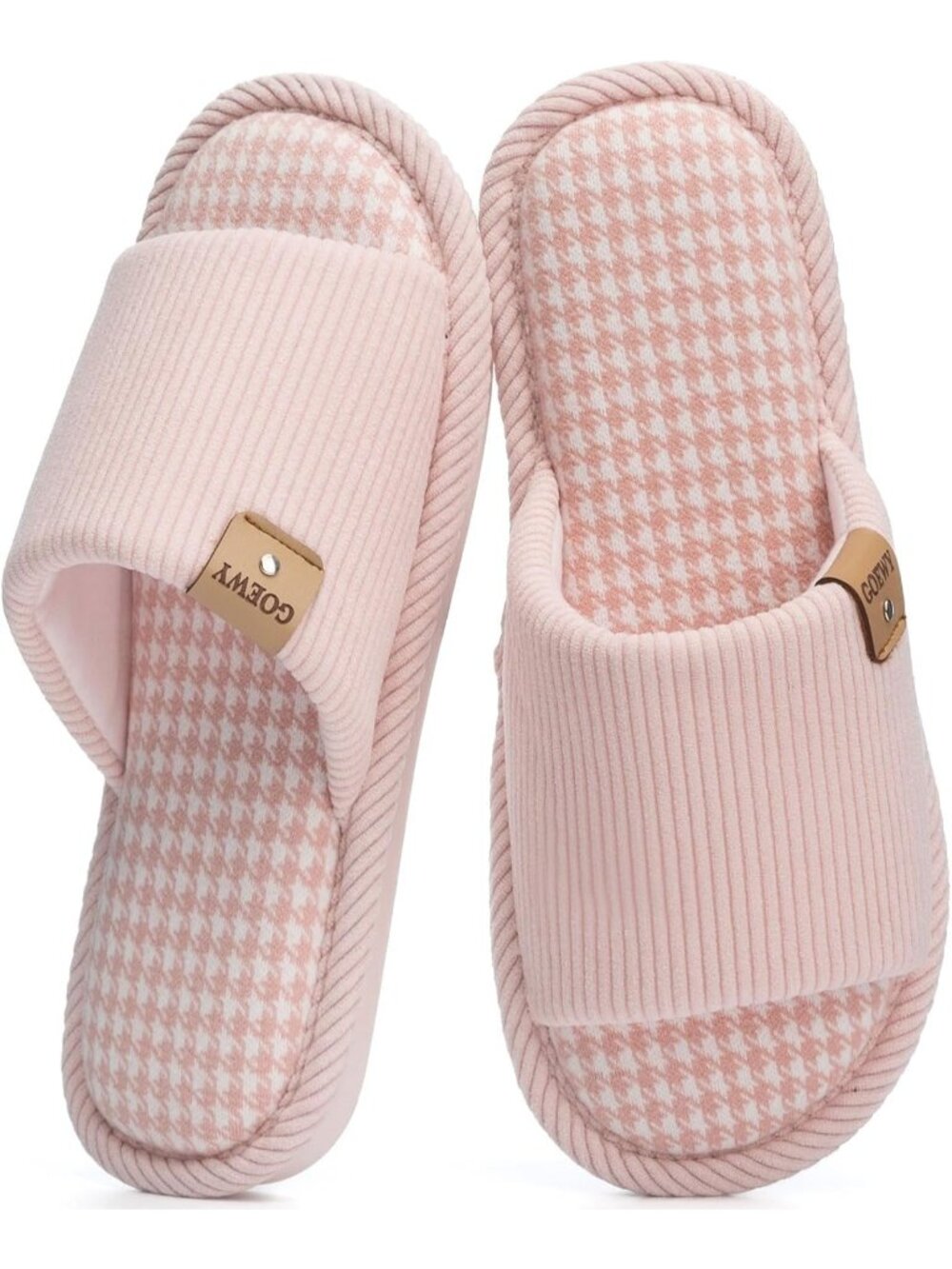 Women's Pink Anti Skid Corduroy Memory Foam Open Toe Slip On Indoor Slippers